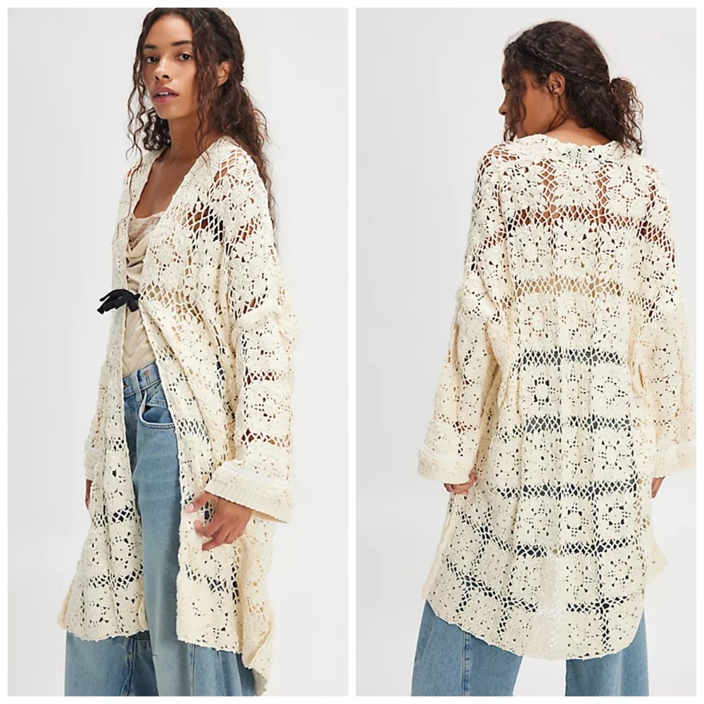 Free People Bali June Crochet Cardi Cardigan Granny Square‎ Cream XS Small
